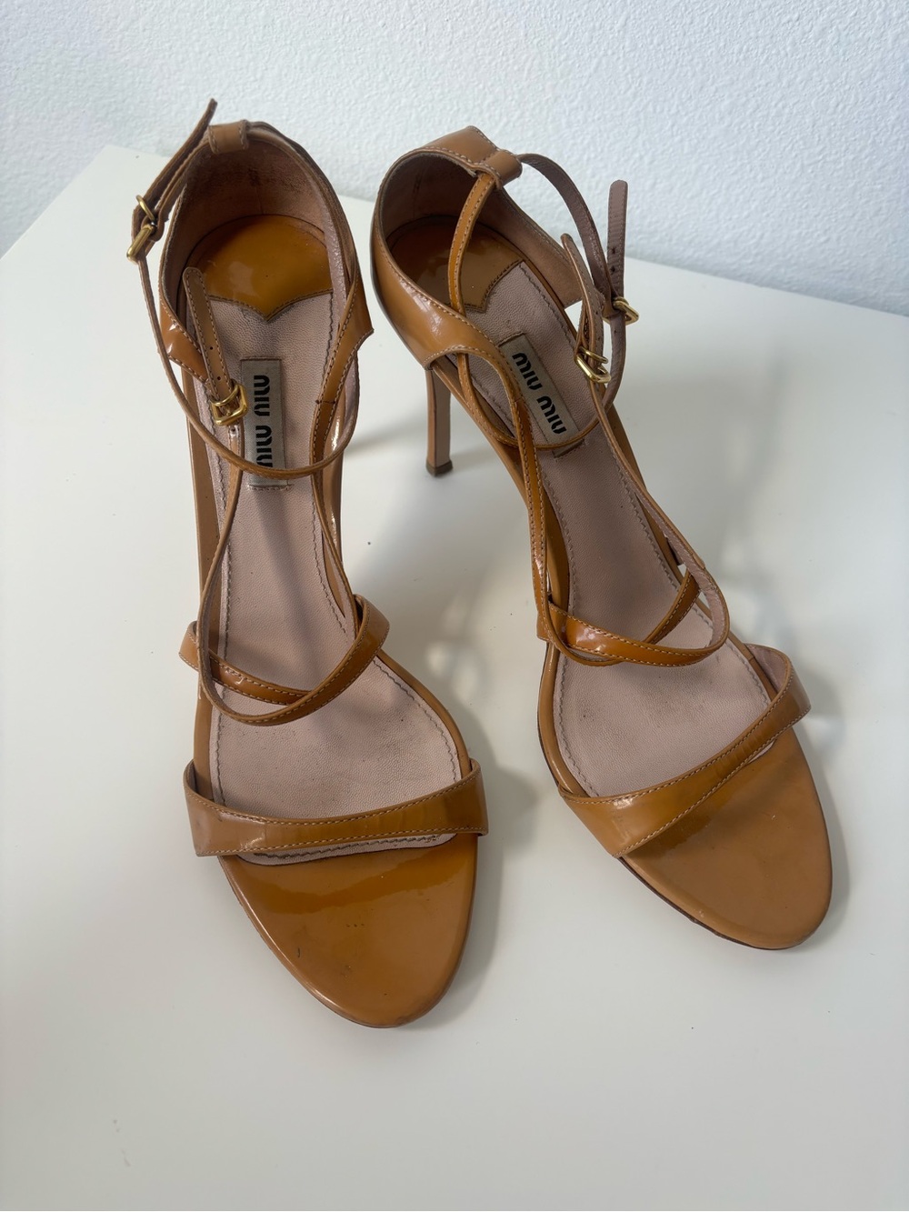 Miu Miu Cognac Patent Leather Strappy Stiletto Sandals size 41/US 10